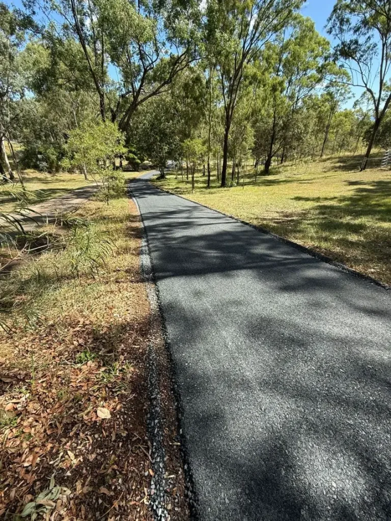 A newly sealed driveway winding through gum trees